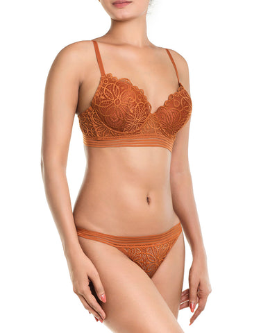 ALL OVER LACE BRA AND THONG SET-GINGER BREAD