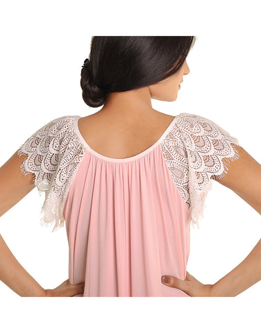 LOSHA LONG NIGHTY WITH CONTRAST LACE NECKLINE AND DROP SHOULDERS-PINK