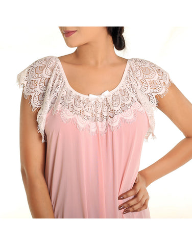 LOSHA LONG NIGHTY WITH CONTRAST LACE NECKLINE AND DROP SHOULDERS-PINK