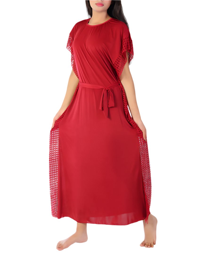 LOSHA 2 PIECE ROUND NECK SIDE LACE LONG NIGHTY -MAROON
