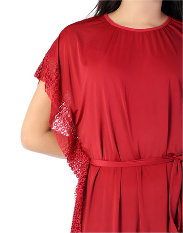 LOSHA 2 PIECE ROUND NECK SIDE LACE LONG NIGHTY -MAROON