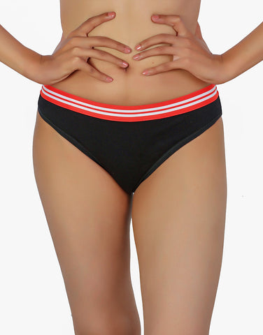 LOSHA COTTON LOW WAIST BIKNI BREIF WITH STRIPED ELASTIC WAIST BAND-BLACK