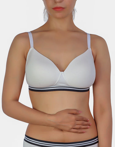 LOSHA LIGHTLY PADDED NON WIRED TSHIRT BRA WITH STRIPED ELASTIC WAIST BAND-WHITE