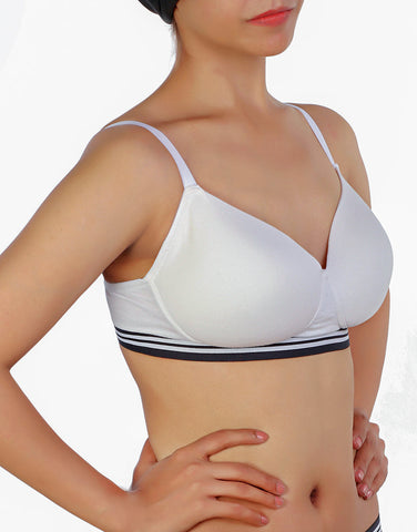 LOSHA LIGHTLY PADDED NON WIRED TSHIRT BRA WITH STRIPED ELASTIC WAIST BAND-WHITE