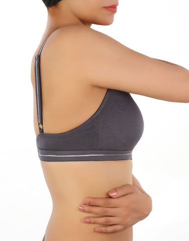 LOSHA DOUBLE LAYERED COTTON WIREFREE BRA WITH GLITTER ELASTIC WAIST BAND -GREY