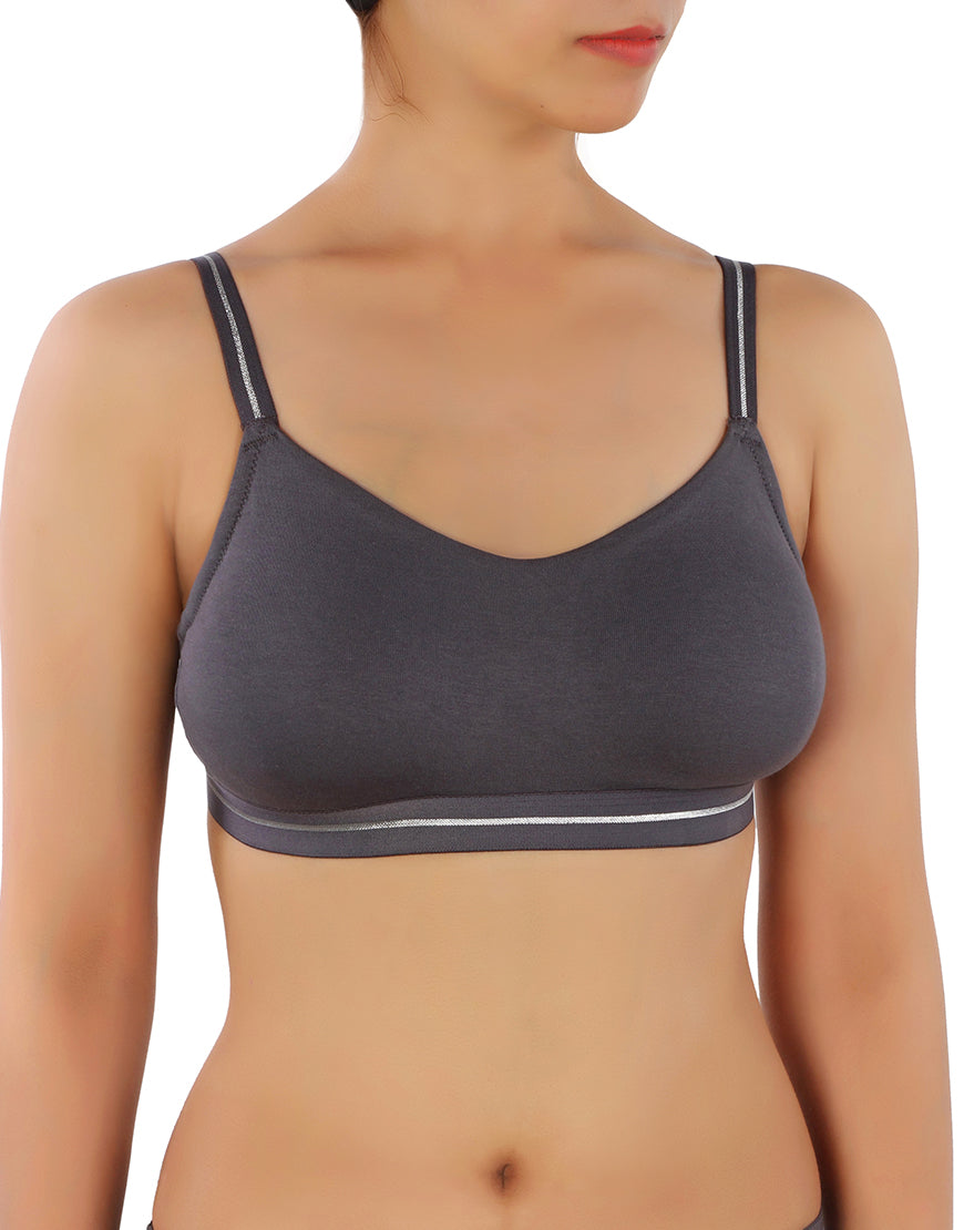 LOSHA DOUBLE LAYERED COTTON WIREFREE BRA WITH GLITTER ELASTIC WAIST BAND -GREY