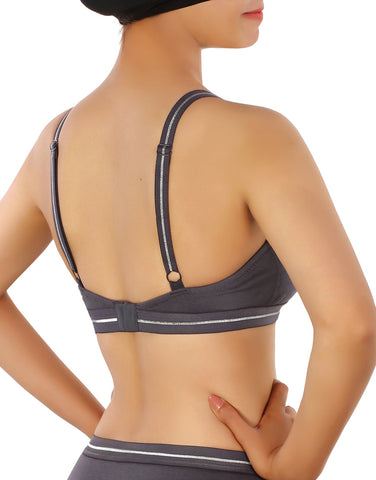 LOSHA DOUBLE LAYERED COTTON WIREFREE BRA WITH GLITTER ELASTIC WAIST BAND -GREY