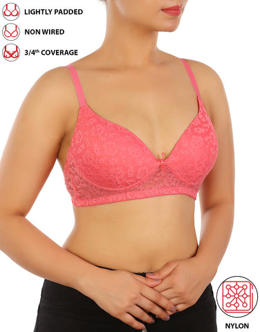LOSHA LIGHTLY PADDED WIRE-FREE 3/4TH COVERAGE ALL OVER LACE BRA- PINK LEMONADE