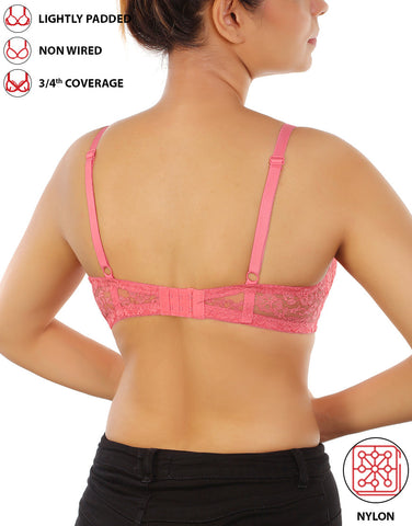 LOSHA LIGHTLY PADDED WIRE-FREE 3/4TH COVERAGE ALL OVER LACE BRA- PINK LEMONADE