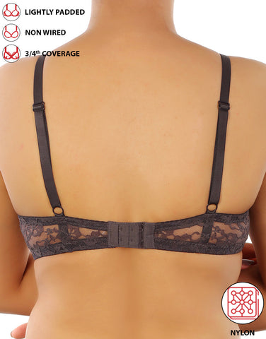 LOSHA LIGHTLY PADDED WIRE-FREE 3/4TH COVERAGE ALL OVER LACE BRA- FORGGED IRON