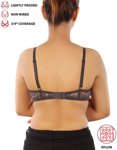 LOSHA LIGHTLY PADDED WIRE-FREE 3/4TH COVERAGE ALL OVER LACE BRA- FORGGED IRON