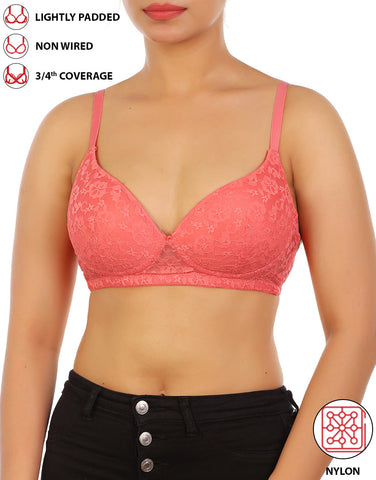 LOSHA LIGHTLY PADDED WIRE-FREE 3/4TH COVERAGE ALL OVER LACE BRA- GEORGIA PEACH