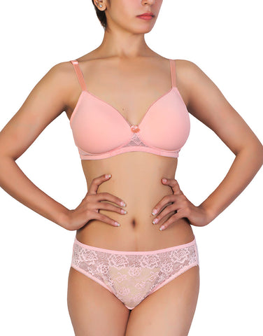 Losha Butterfly back Bra With Lacy Panty SET-PEACH PEARL