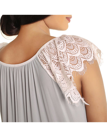LONG NIGHTY WITH CONTRAST LACE NECKLINE AND DROP SHOULDERS-LIGHT GREY