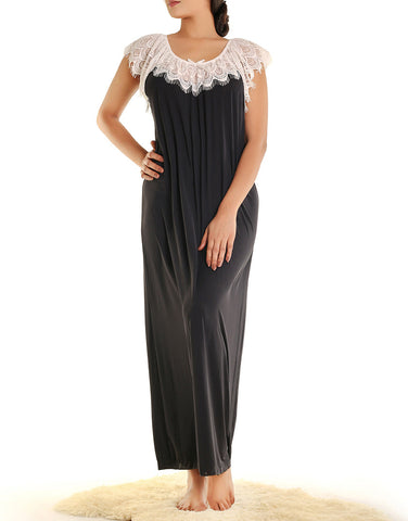 LOSHA LONG NIGHTY WITH CONTRAST LACE NECKLINE AND DROP SHOULDERS-BLACK