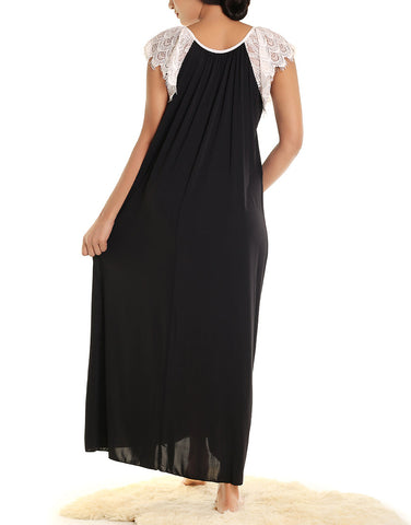 LOSHA LONG NIGHTY WITH CONTRAST LACE NECKLINE AND DROP SHOULDERS-BLACK