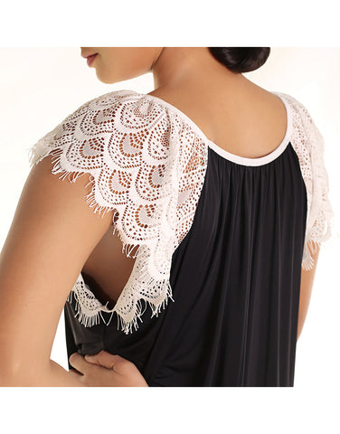 LOSHA LONG NIGHTY WITH CONTRAST LACE NECKLINE AND DROP SHOULDERS-BLACK