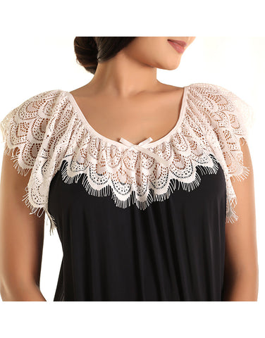 LOSHA LONG NIGHTY WITH CONTRAST LACE NECKLINE AND DROP SHOULDERS-BLACK