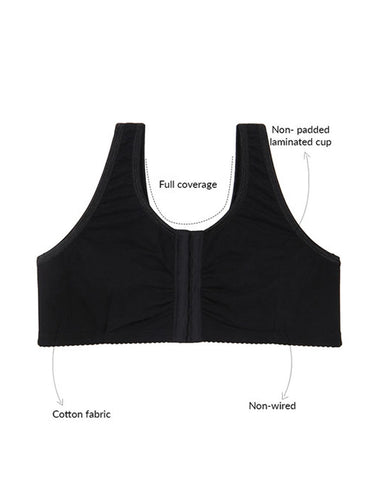 Losha Cotton Wire-free Darted Cup Front Open Bra-Black